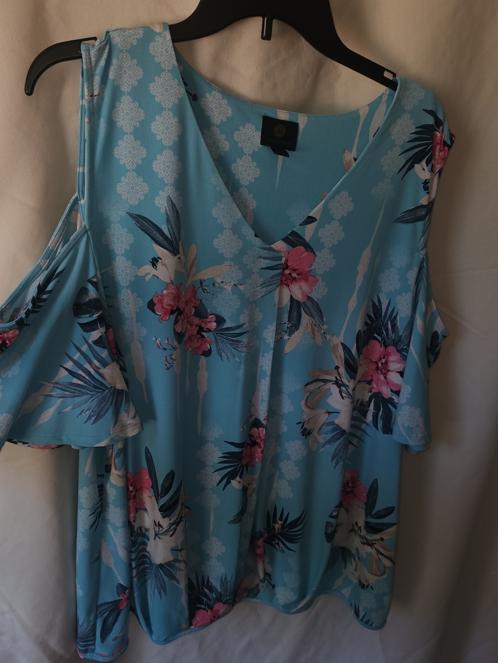 JM Collection Turquoise Floral Cold-Shoulder Blouse